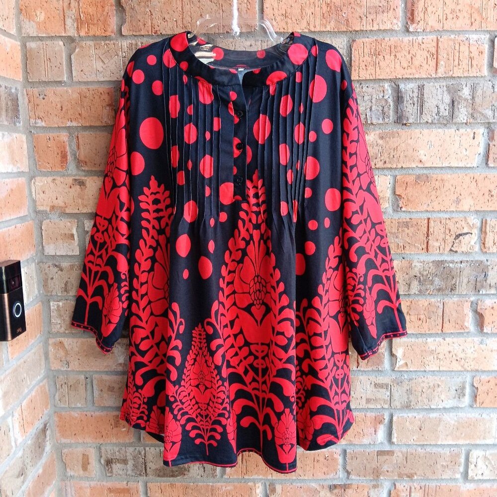 Womens Top Blouse Tunic 3/4 Sleeves Front Pintucks Red Black Size 2XL - Picture 3 of 9